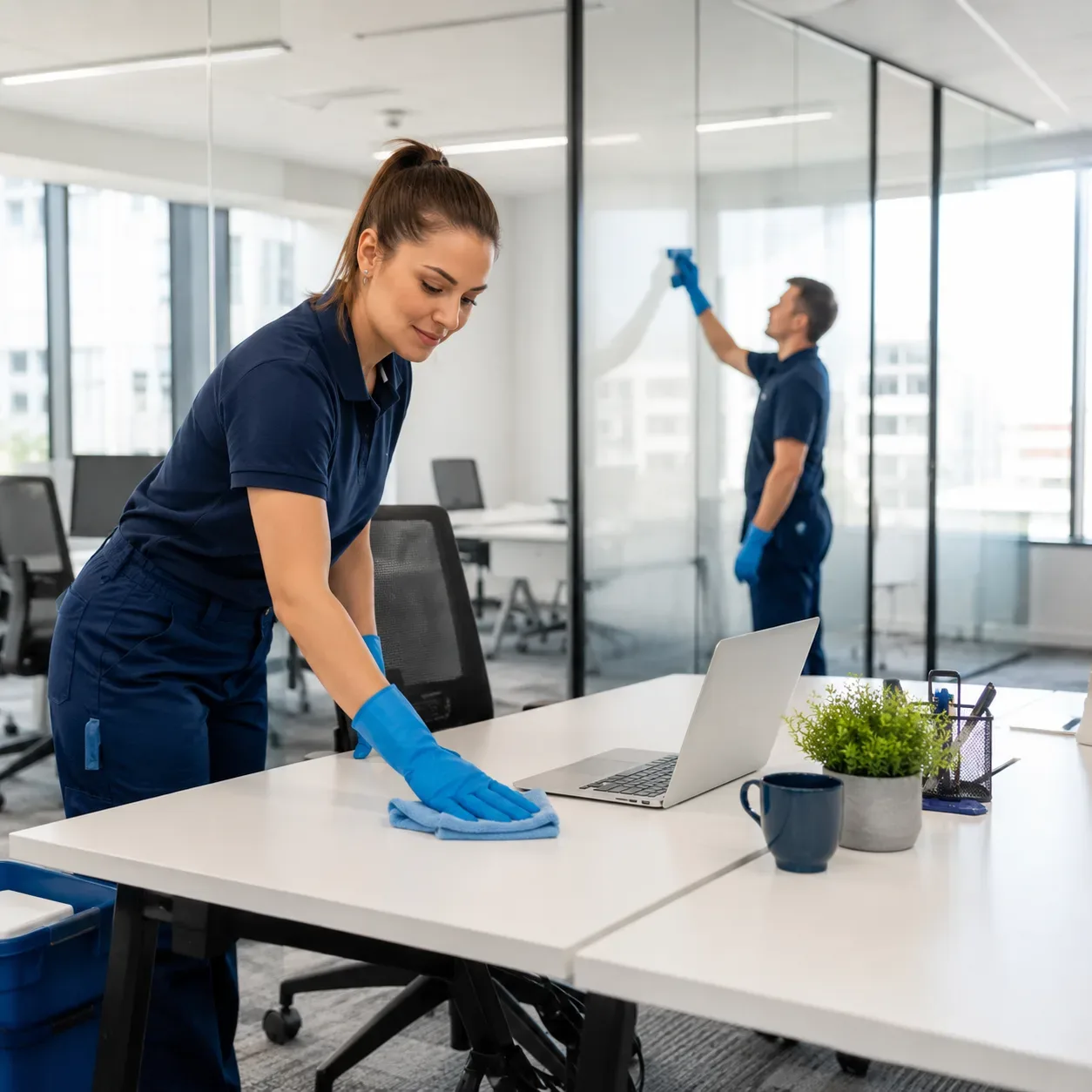 Schoonmaakmedewerker reinigt kantoorvloer in een modern kantoorgebouw