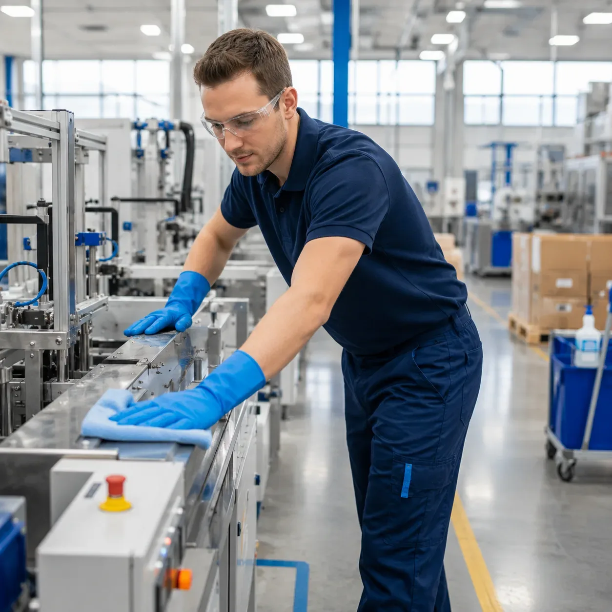 Industriële reinigingsmachine in een magazijn of productieruimte
