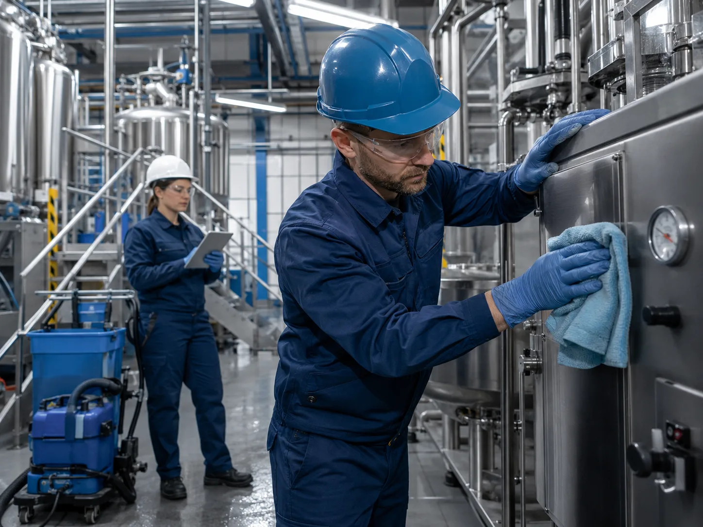 Gecertificeerde Claritas medewerker in beschermende uitrusting tijdens industriële reiniging