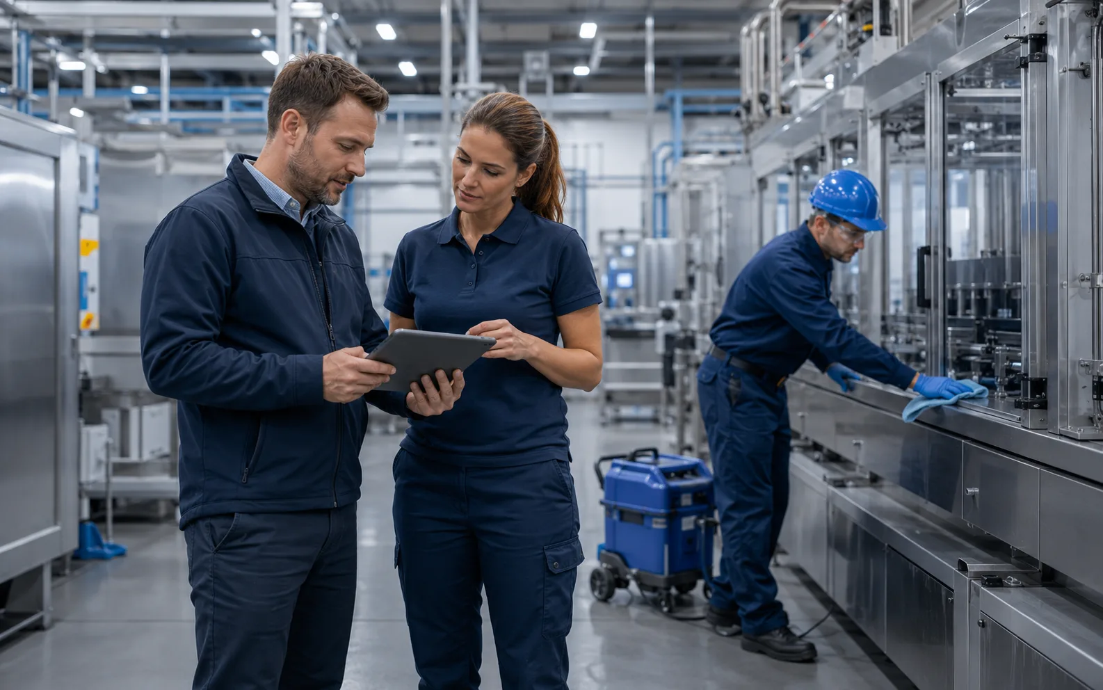 Planningsgesprek tussen Claritas adviseur en opdrachtgever over reinigingsschema productielocatie