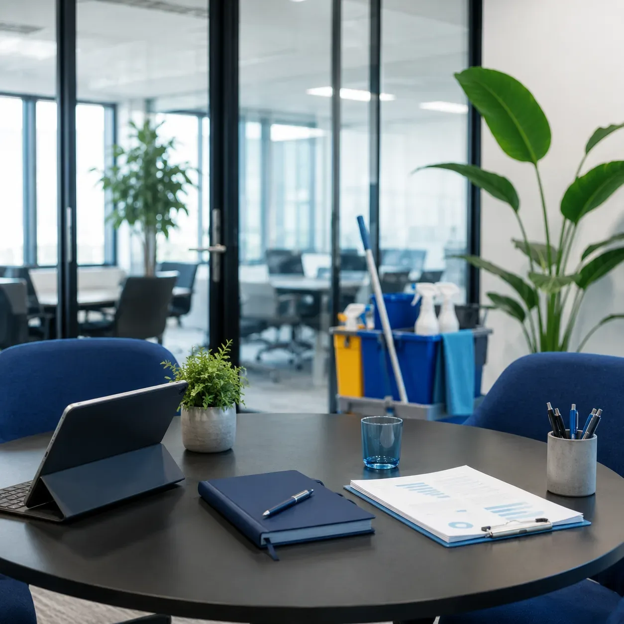 Planning en schoonmaakschema op tablet voor kantoorlocatie