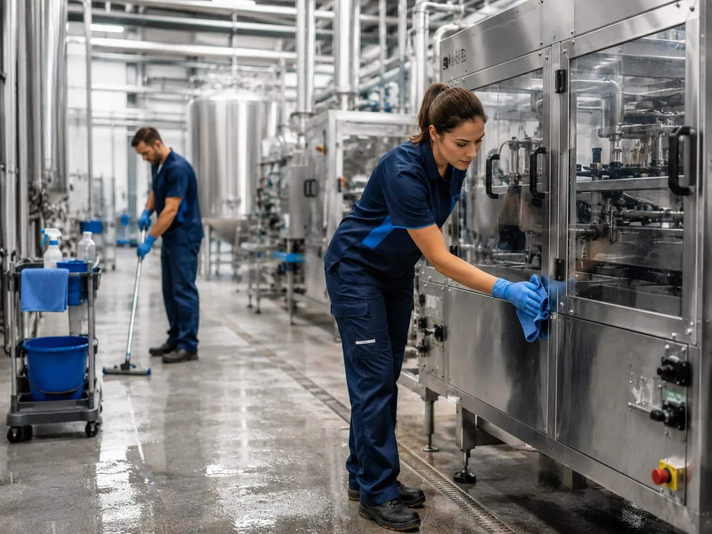 Industriële reiniging van machinerie en vloer in een productiefaciliteit