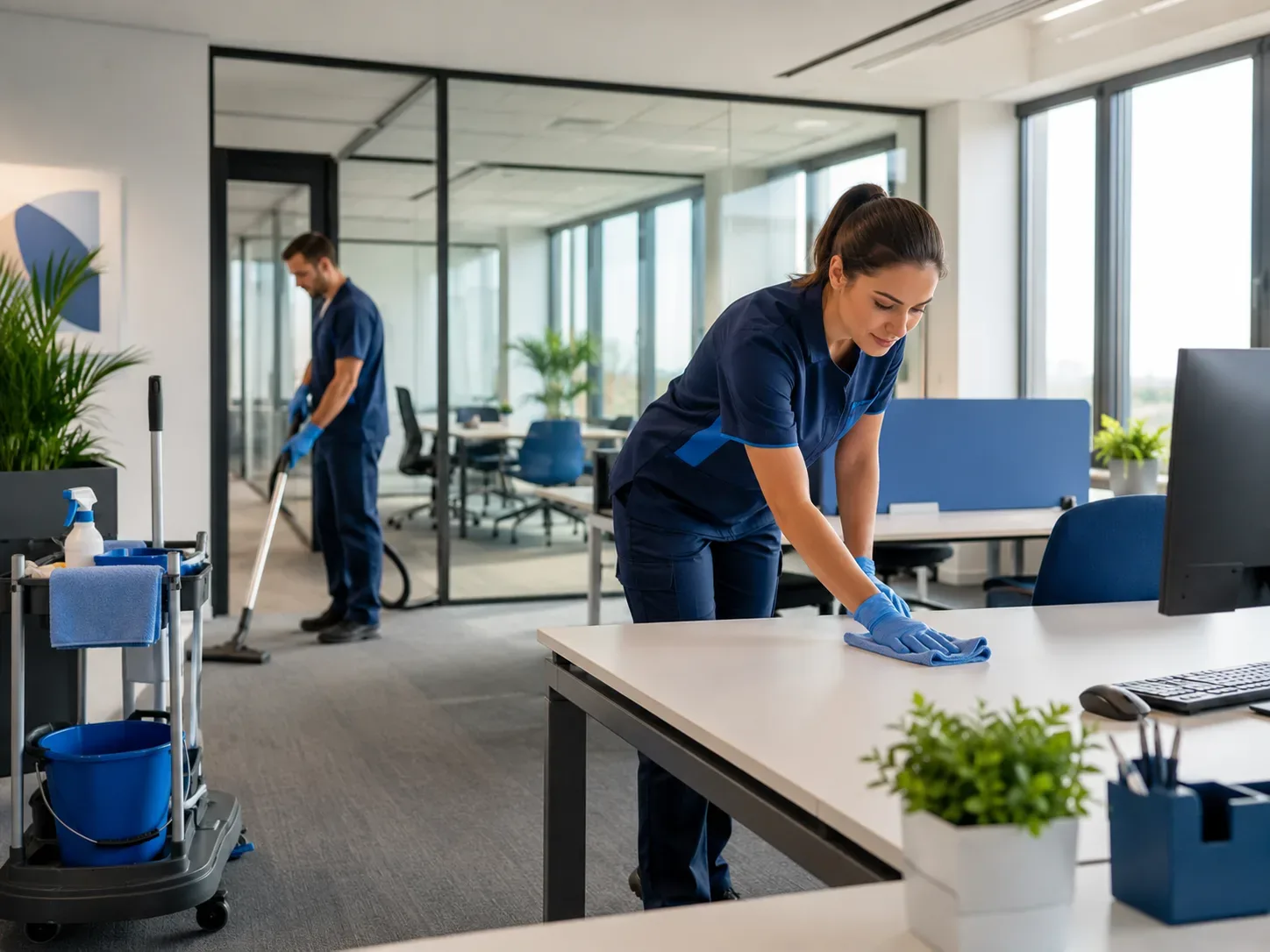Schoonmaakmedewerker reinigt een modern kantoor met bureaus en vergaderruimte
