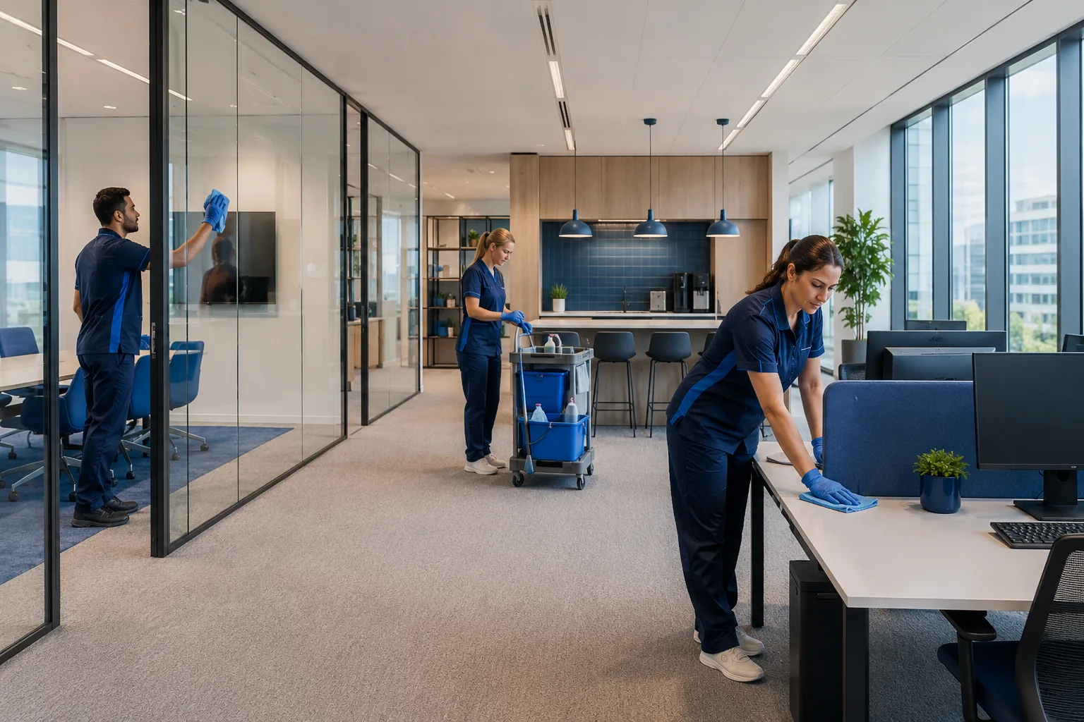 Claritas schoonmaakteam aan het werk in een kantoor op de Amsterdamse Zuidas