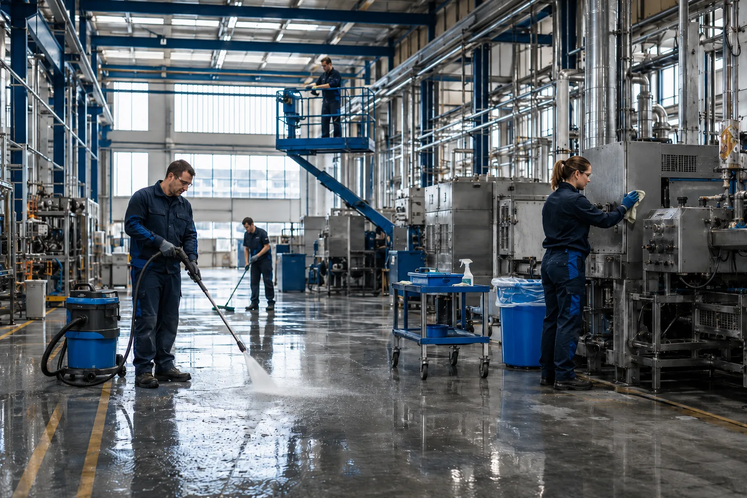 Claritas medewerkers voeren hogedrukspuiting uit op machinerie in productiehal Rotterdam